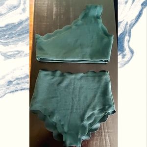 Deep green scalloped high waisted bathing suit